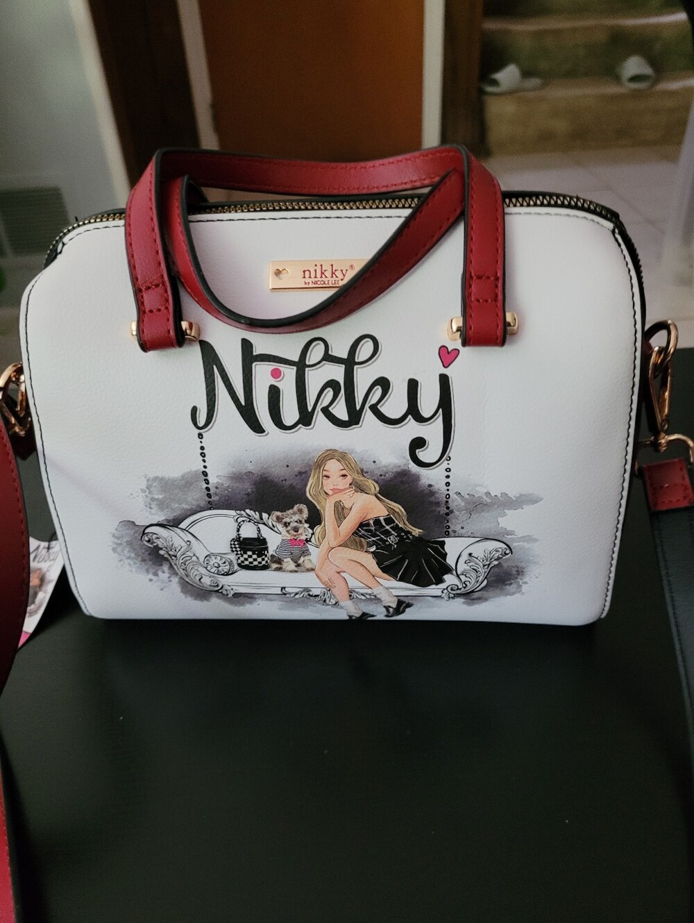 Nikky By Nicole Lee White Satchel with Red Trim - Fashion Graphic Women's Bag